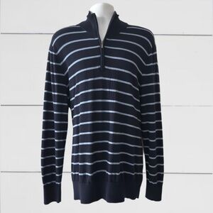 Brooks Brothers 1/4 Zip Men’s, Blue Striped 100% Merino Wool Sweater — Size-XXL